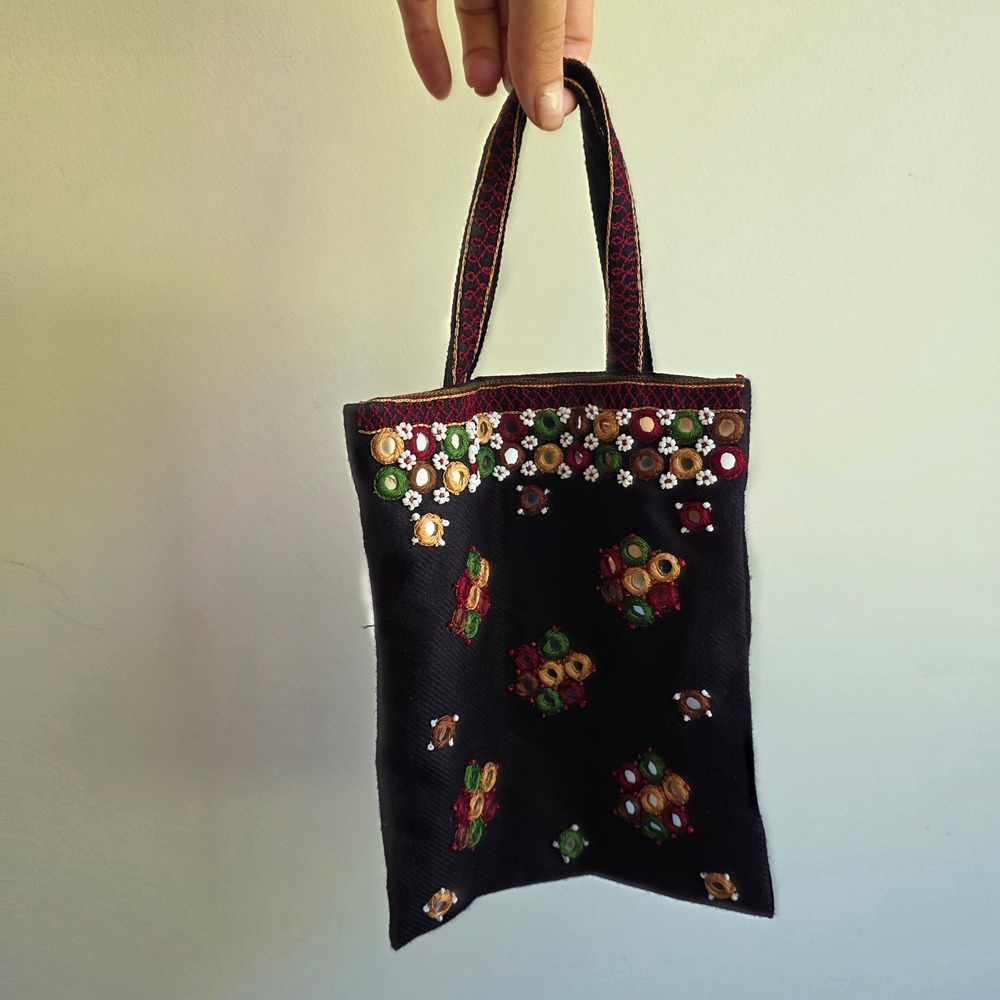 Christian Livingston Collection Mini Tote Bag Mirror Work Embroidery Black Boho